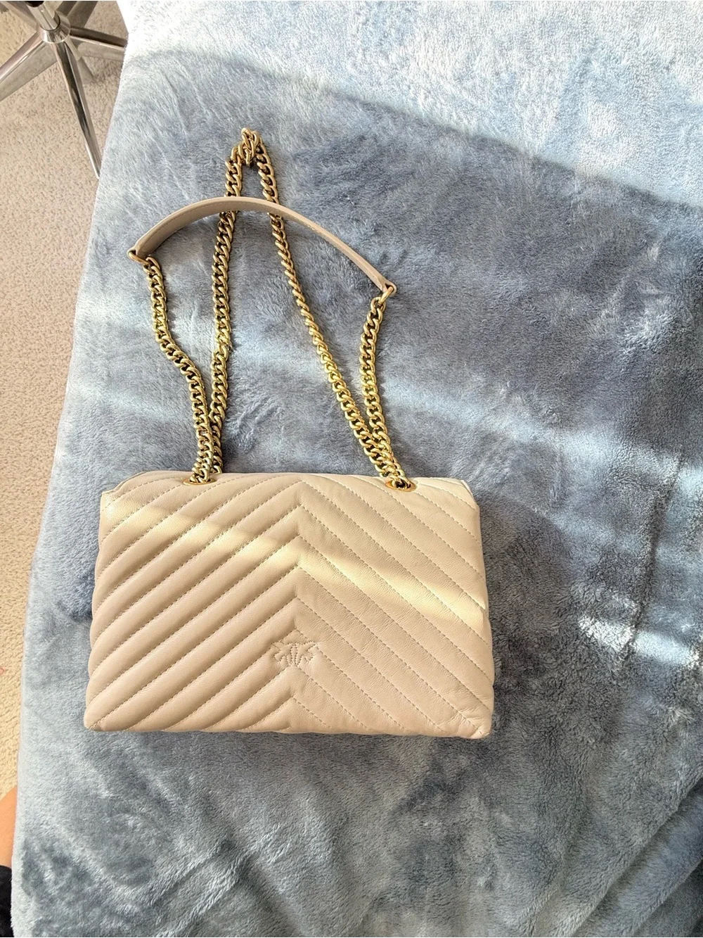 PINKO Love Bag Chevron Greige Leather Gold Chain Shoulder Bag